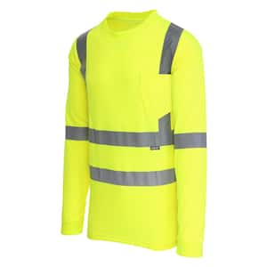 Men's Large High Visibility Yellow ANSI Class 3 Polyester Long-Sleeve Safety Shirt with Reflective Tape