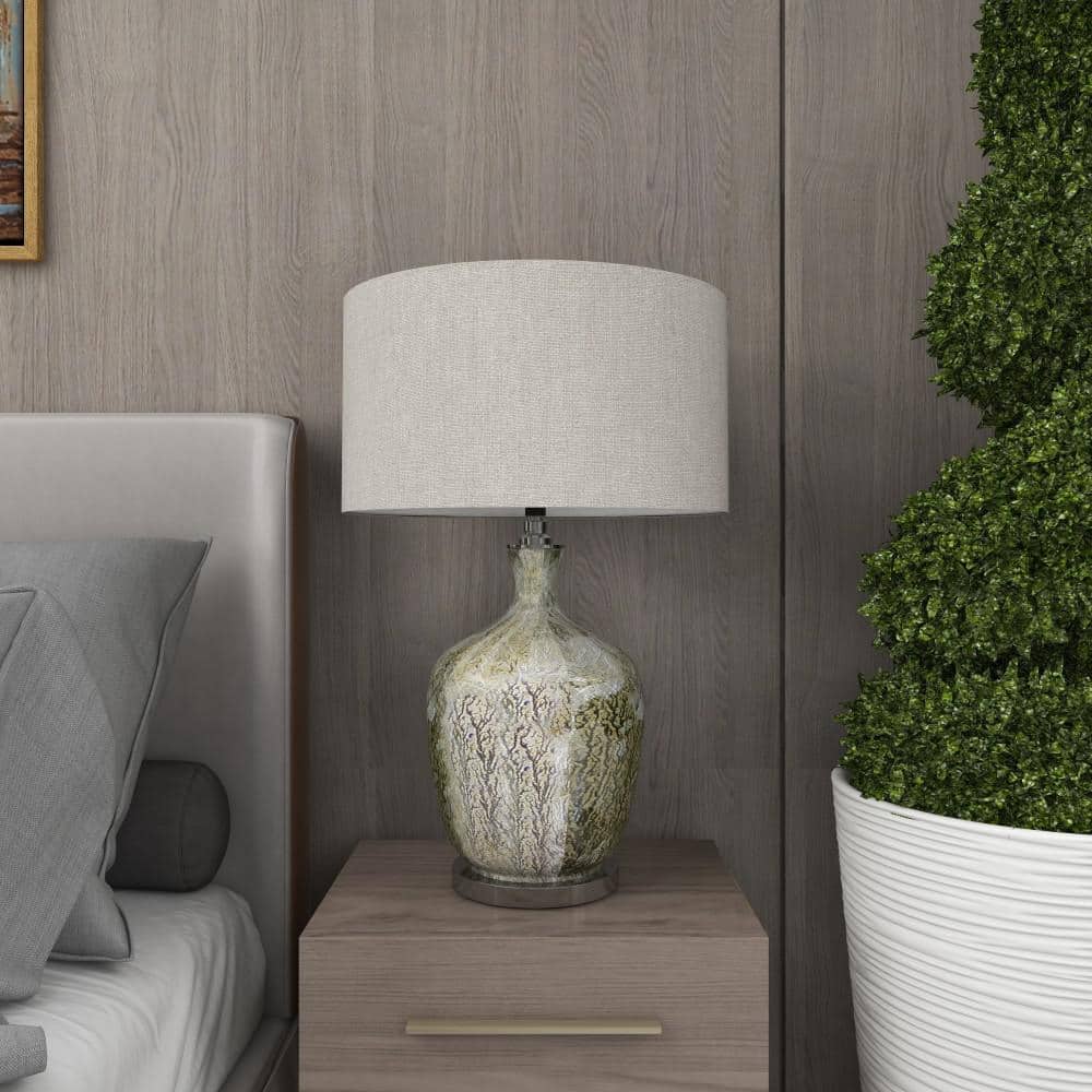 Silver Mercury Glass Table Lamp with Beige Linen Shade