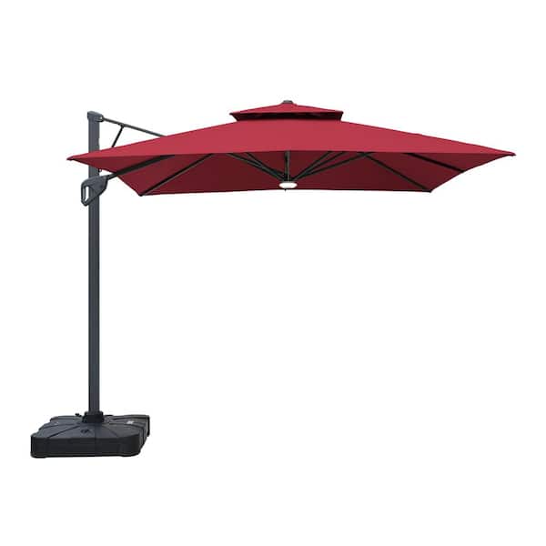 Boyel Living 10ft Aluminum and Steel Cantilever LED Outdoor Patio Umbrella in Red With Base