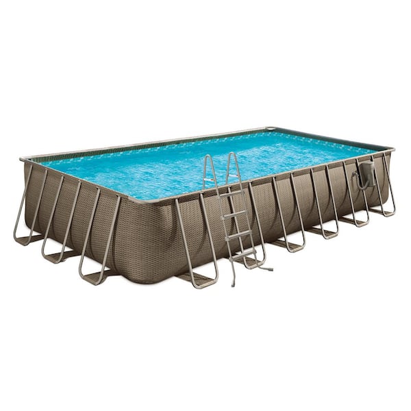 24 ft. x 12 ft. Rectangular 52 in. Deep Metal Frame Above Ground Pool, Brown Basketweave