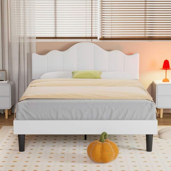 VECELO Adjustable Upholstered Bed, White Metal Frame Queen Platform Bed with Noise-Free Wood Slat Support, No Box Spring Needed