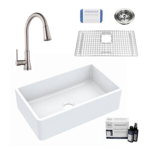 Turner 30 in. Farmhouse Single Bowl Crisp White Fireclay Kitchen Sink with Pfirst Faucet Kit