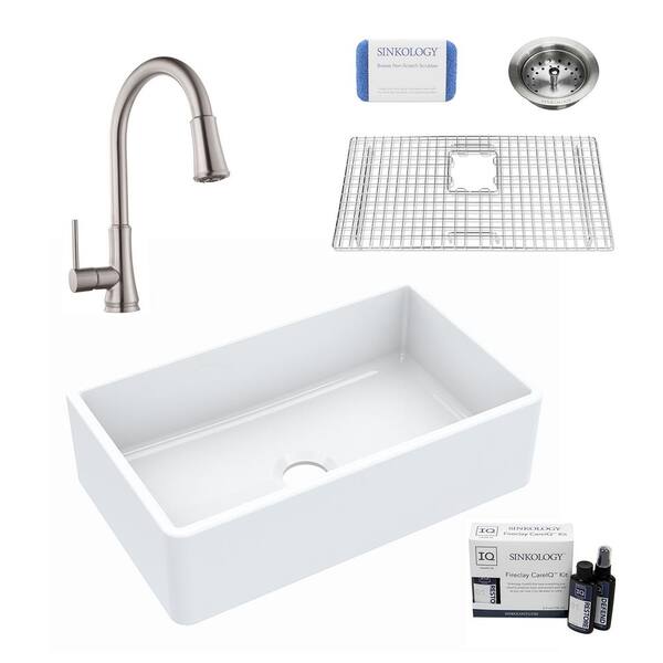 SINKOLOGY Inspire All-in-One Farmhouse Apron Front Fireclay 30 in. Single Bowl Kitchen Sink with Pfister Faucet and Drain
