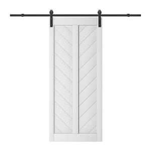 36 in. x 84 in. White Finished Solid Core MDF Herringbone V Shape Sliding Barn Door with Hardware Kit and Soft Close