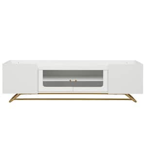 Modern White TV Stand Fits TV's up to 70 in. with Fluted Glass, Gold Frame Base