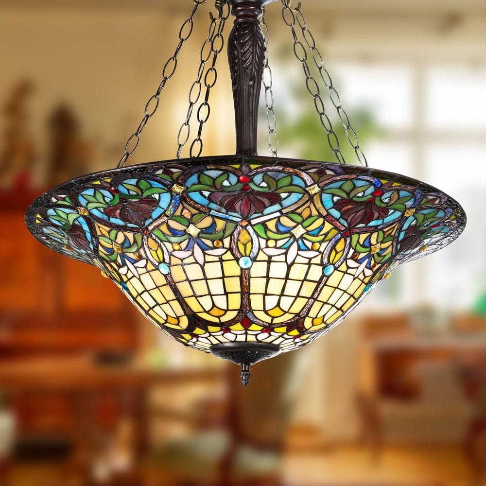 River of Goods 25 in. 3-Light Bronze Stained Glass Pendant Light Chandelier  with Multicolor Bowl Shade 21617 - The Home Depot, image size:1000x1000