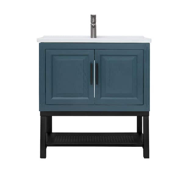32 in. Freestanding Blue Bath Vanity with White Ceramic Top Unassembled