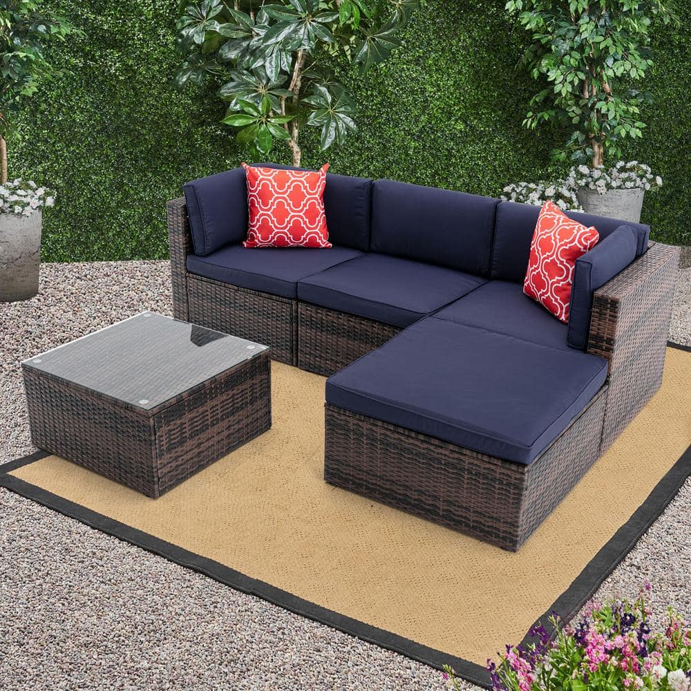 Tunearary 5Piece Rattan Wicker Outdoor Garden Sectional Cushioned Sofa