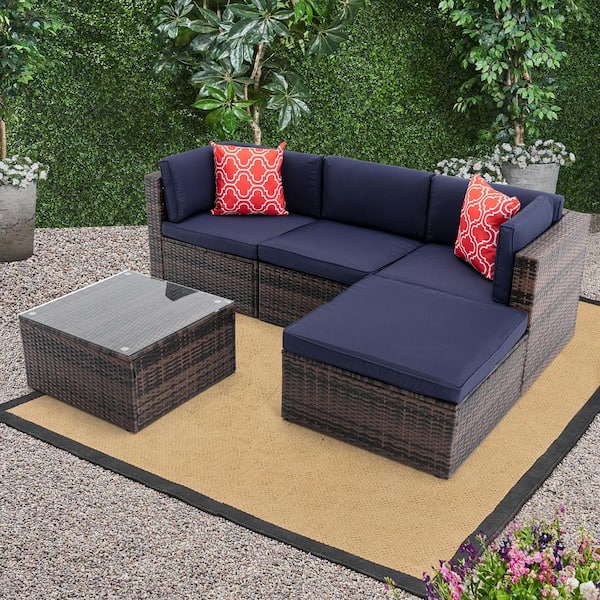 Tunearary 5-Piece Rattan Wicker Outdoor Garden Sectional Cushioned Sofa Set with 2 Pillow 1 Coffee Table Modular Navy Blue Cushion