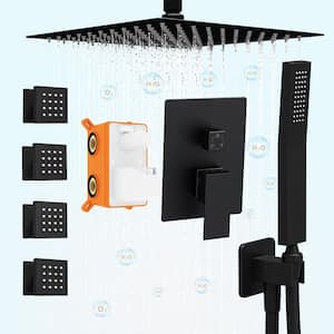 3-Spray Patterns with 2.5 GPM 10 in. Wall Mount Dual Shower Heads With 4 Body Shower Spray Jets and Valve in Black