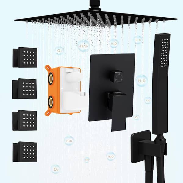 Kingdely 3-Spray Patterns with 2.5 GPM 10 in. Wall Mount Dual Shower Heads With 4 Body Shower Spray Jets and Valve in Black