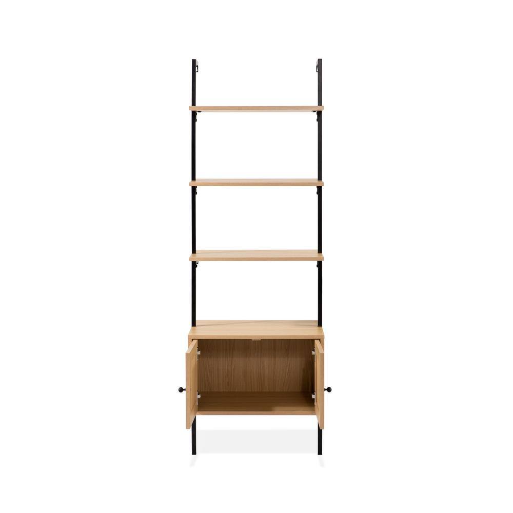 Light Oak and Black Wall-Mounted Ladder Bookcase with Cabinet