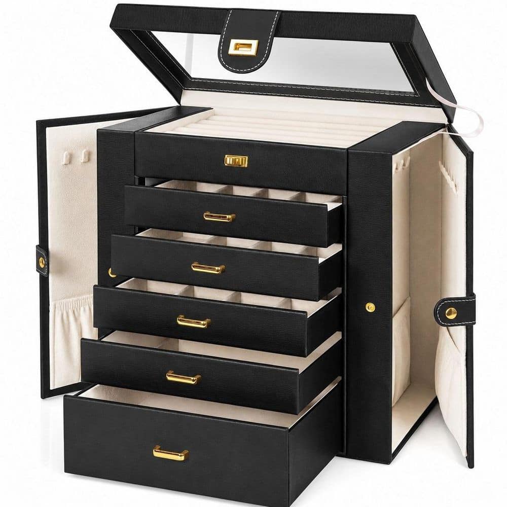 Angel Sar Huge Jewelry Box Organizer with Mirror, Large Leather