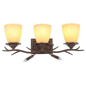 Lodge 3-Light Weathered Spruce Rustic Bathroom Vanity Light with Sunset Glass Shades