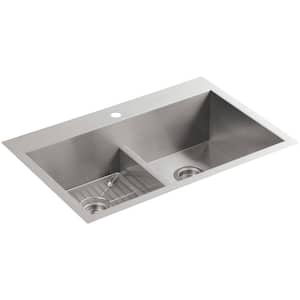 Vault Dual Mount Stainless Steel 33 in. 1-Hole Double Bowl Kitchen Sink with Basin Rack