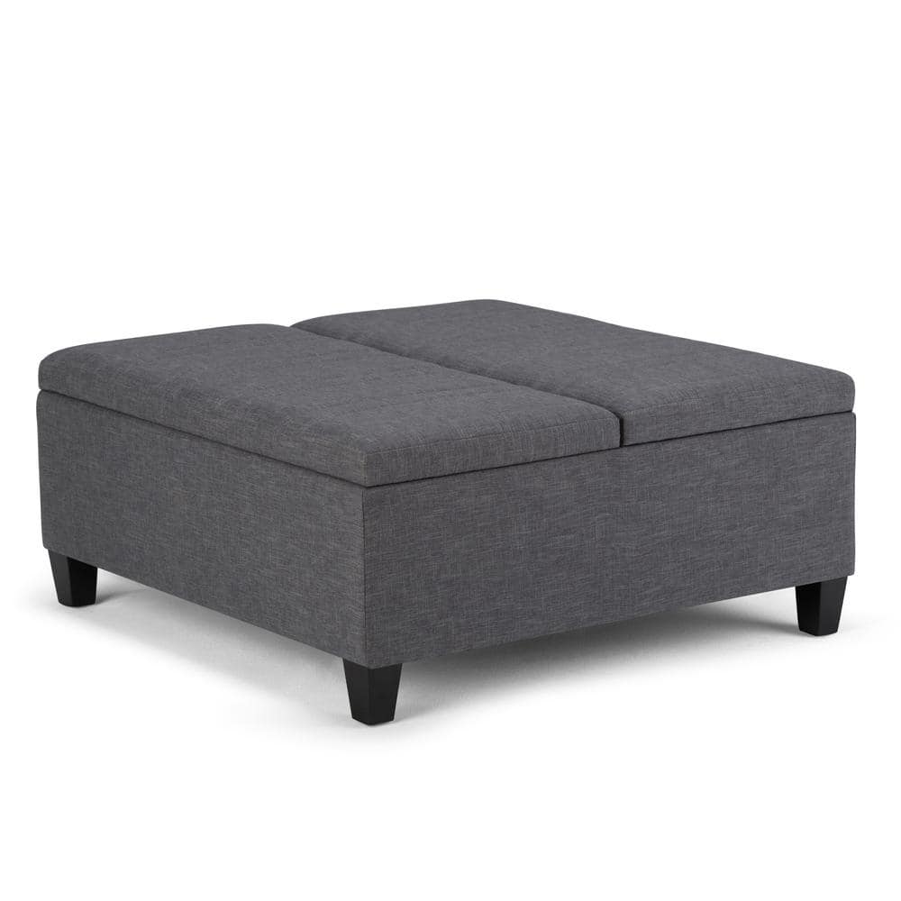 Slate Gray Linen-Look Dual Compartment Flip-Up Ottoman