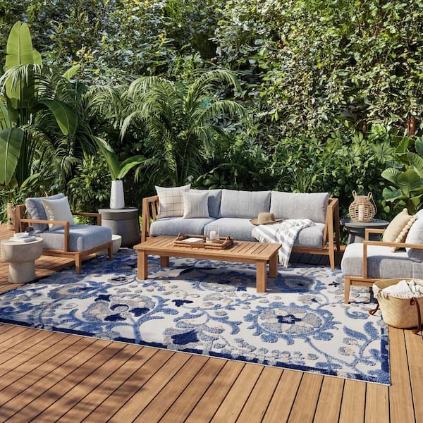 Aloha Blue/Gray 8 ft. x 11 ft. Floral Modern Indoor/Outdoor Patio Area Rug