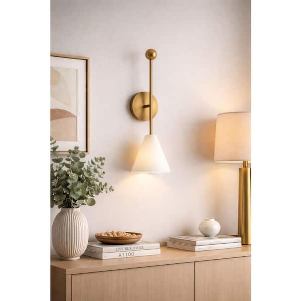 Cosmo Large 7 in. W. 1-Light Burnished Brass Mid-Century Modern Dimmable Bath Vanity Wall Sconce with White Steel Shade
