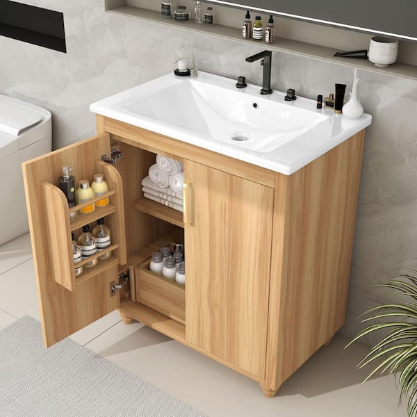30 in. Single Sink Freestanding Natural Wood Bath Vanity with White Ceramic Top, Adjustable Shelf