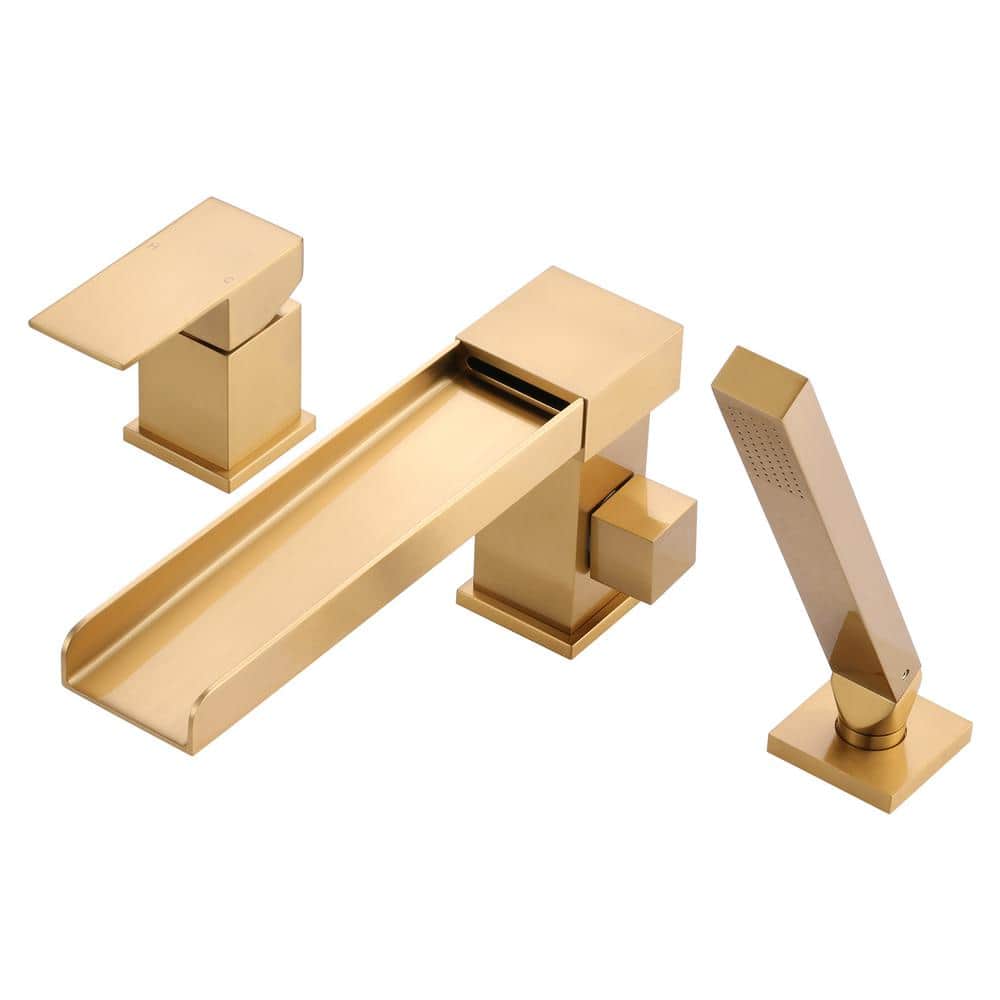 Brushed Gold Modern Waterfall Tub Deck Faucet with Hand Shower