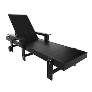 Shoreside Black Fade Resistant All Weather HDPE Plastic Outdoor Adjustable Backrest Chaise Lounge Arm Chair with Wheels