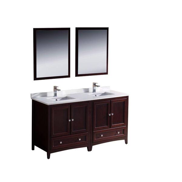 Fresca Oxford 60 in. Double Vanity in Mahogany with Ceramic Vanity Top in White with White Basins and Mirror