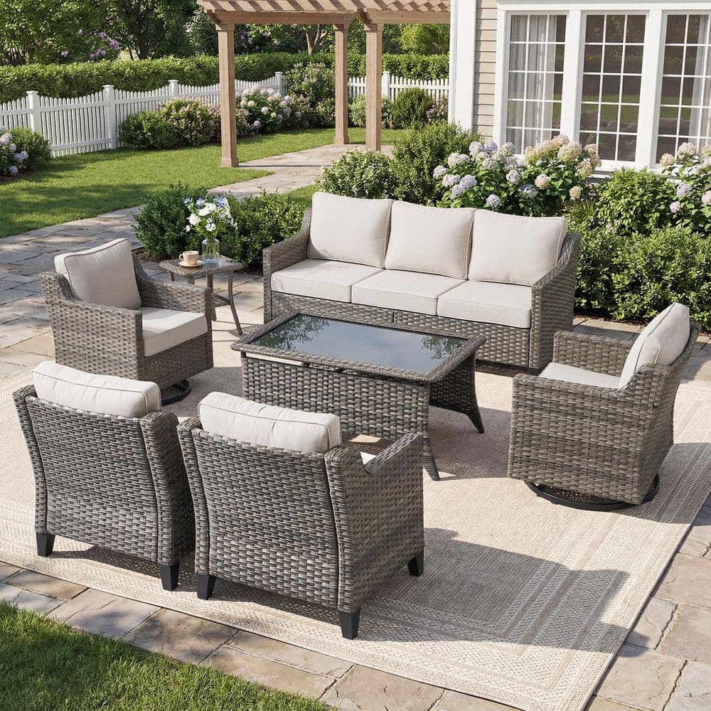 Haven 7-Piece Gray Wicker Patio Conversation Set with 4-Inch Thick Beige Cushions and Coffee table price history on PriceWatchPro
