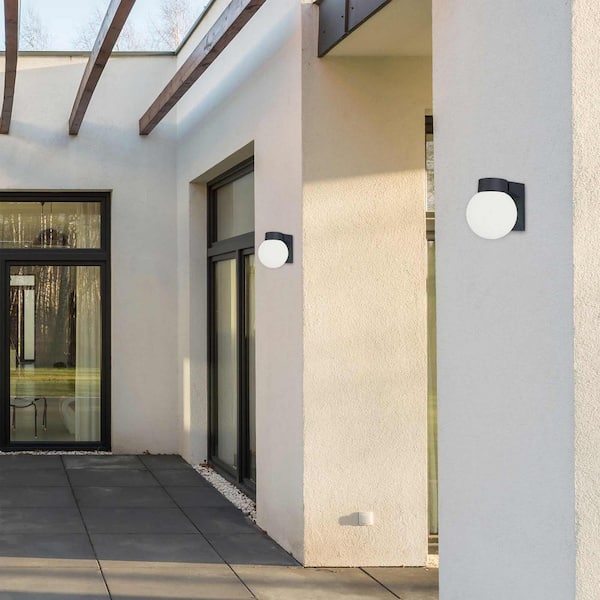 Black Hardwired Indoor or Outdoor Wall Lantern Sconce with Opal Glass Globe