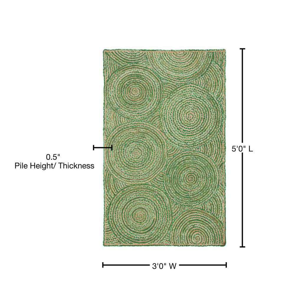 Handmade Green and Natural Geometric Jute Area Rug, 3' x 5'