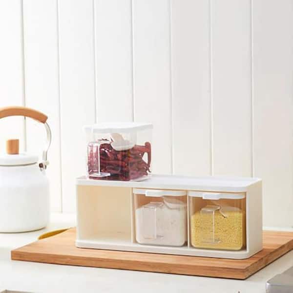 3 Grids Clear Countertop Seasoning Box Rack Set Removable Cruet Jars Storage Container with Spoons 2 Pack