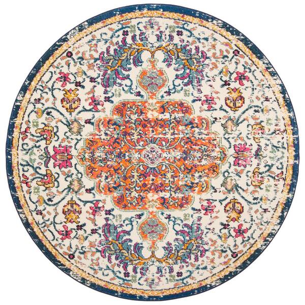 SAFAVIEH Madison Ivory/Orange 11 ft. x 11 ft. Border Geometric Floral Medallion Round Area Rug