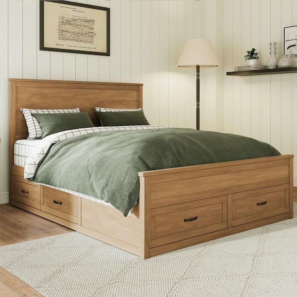 Natural Oak/Brown Wood Frame Queen Size Platform Bed with 6 Drawers