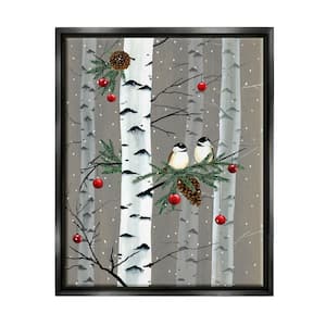 Birds and Holiday Ornaments Birch Tree Forest by Grace Popp Floater Frame Animal Wall Art Print 25 in. x 31 in.
