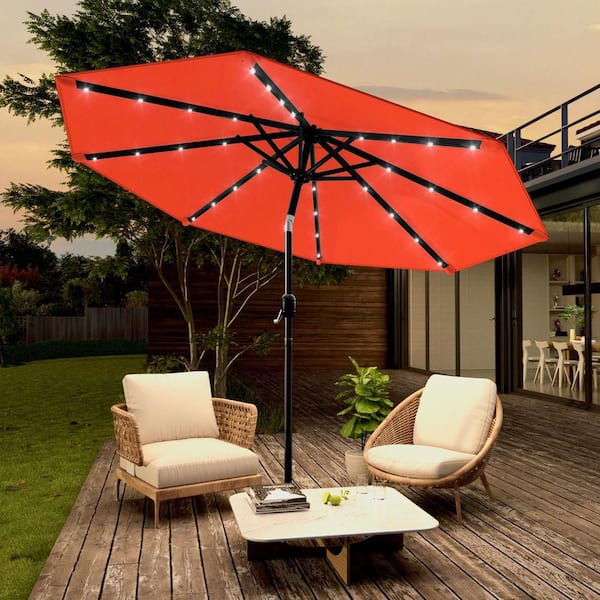 9 ft. Steel Solar-powered Round Outdoor Market Patio Umbrella with Crank in Orange