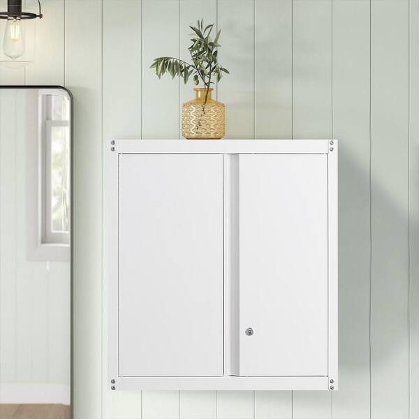 FUNKOL 13.78 in. W x 25.98 in. D x 27.95 in. H White Metal Bathroom Storage Wall Cabinet with Lock