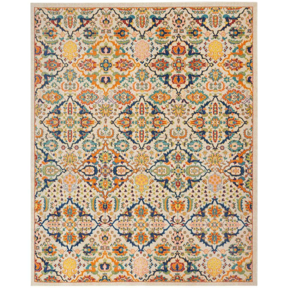 Ivory and Jewel Tones Boho Floral 8'x10' Synthetic Area Rug