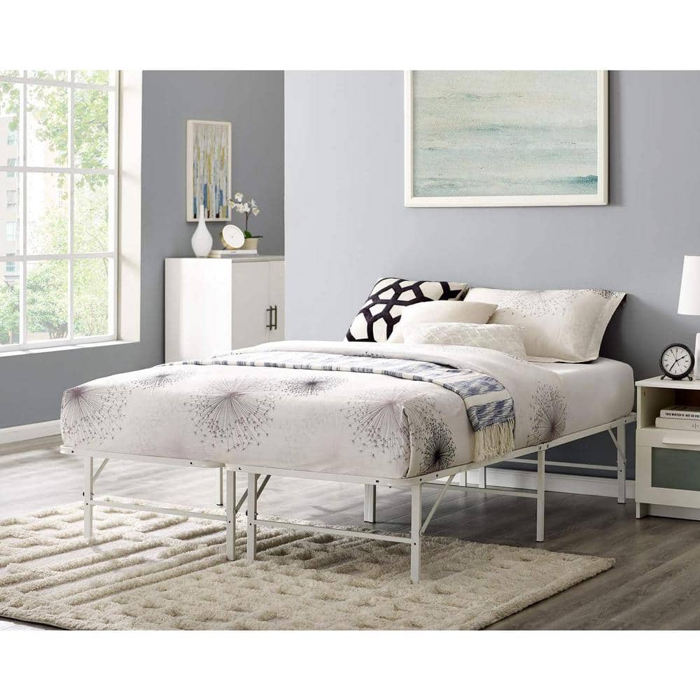 White Queen Upholstered Metal Platform Bed Frame with Slats