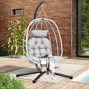 Light Gray Hanging Egg Chair with Stand Swing Chair Wicker Hammock Egg Chair with Cushions