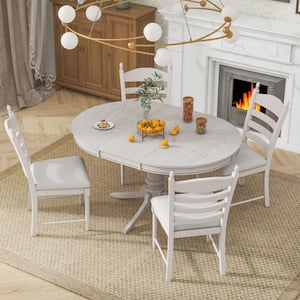 Retro 5-Piece Antique White Wood Top Extendable Round Dining Table Set with 4-Upholstered Chairs