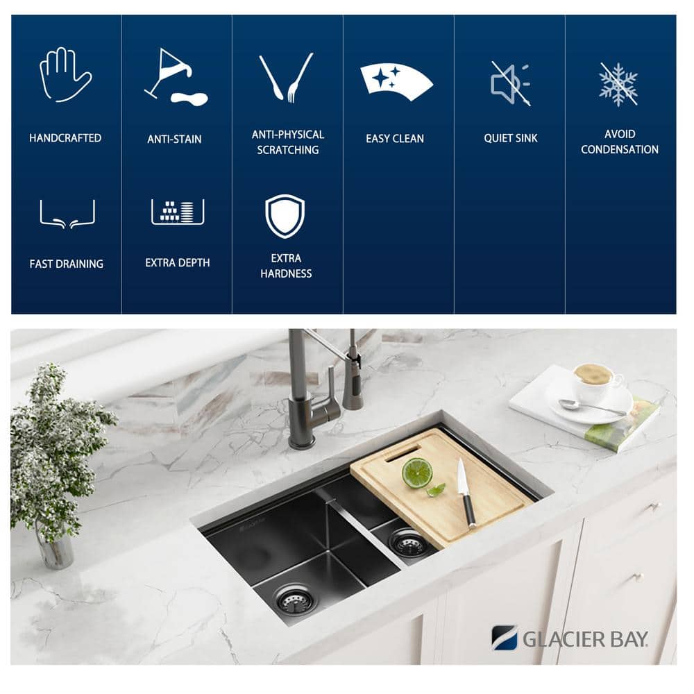 33" Gunmetal Black Stainless Steel Double Bowl Undermount Kitchen Sink