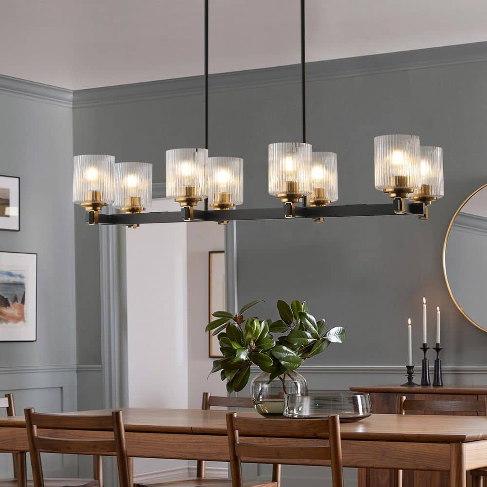 40.16 inch Farmhouse Series 8 Light Matte Black Clear Stripe Glass Shade Pendant-Style Linear Chandelier price history on PriceWatchPro