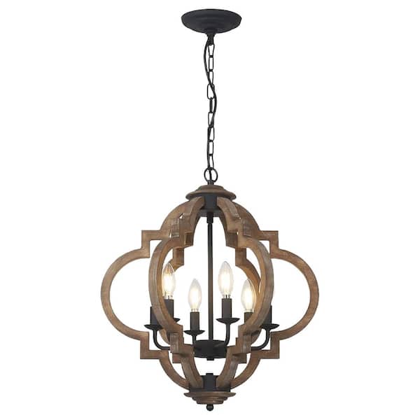 PUDO 18.7 in. Vintage 6-Light Brown Cage Pendant Light with Adjustable Height