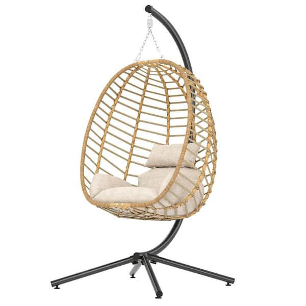 YIYEKE 1-Person Wicker Patio Swing Egg Chair with Stand and Beige Cushion
