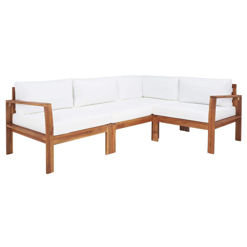 4-Person Natural Wood Outdoor Living Set with Beige Cushions