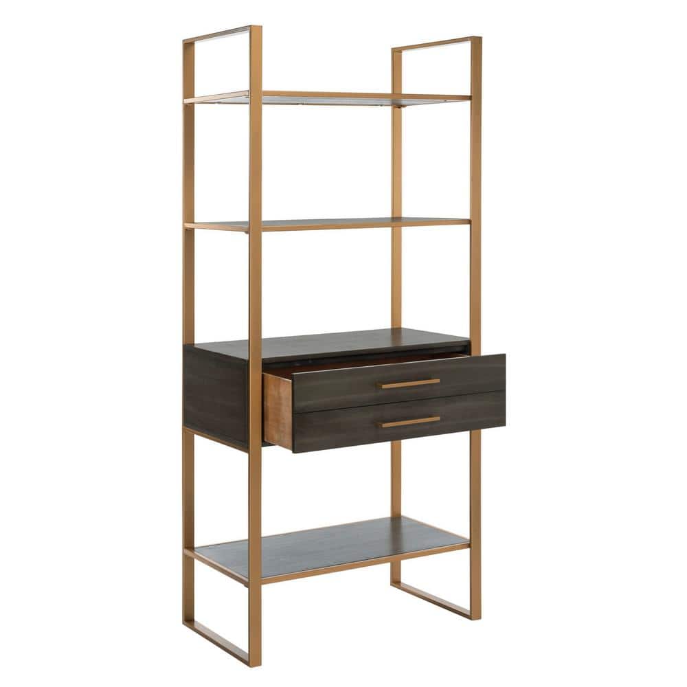 Contemporary Gold and Grey Oak Etagere with Storage Drawer
