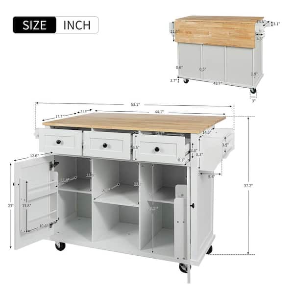 White Rubber Wood Drop-Leaf Counter Top 53 in. Kitchen Island on 5-Whe