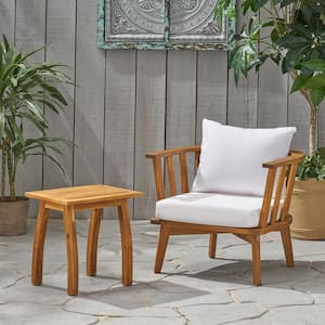 Barton Teak Brown 2-Piece Wood Patio Conversation Seating Set with White Cushions