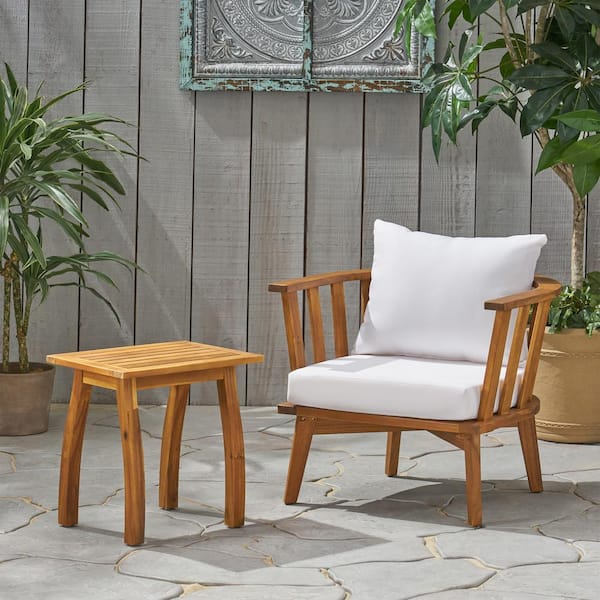 Noble House Barton Teak Brown 2-Piece Wood Outdoor Patio Conversation Seating Set with White Cushions