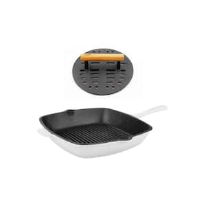 Neo 11 in. Cast Iron Grill Pan in White with Bacon Press