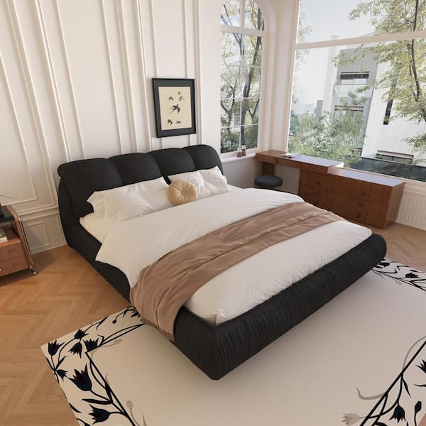 High End Black Wood Frame Queen Upholstered Platform Bed with Oversize Headboard, Thickened Slats, Pleating Bed Body
